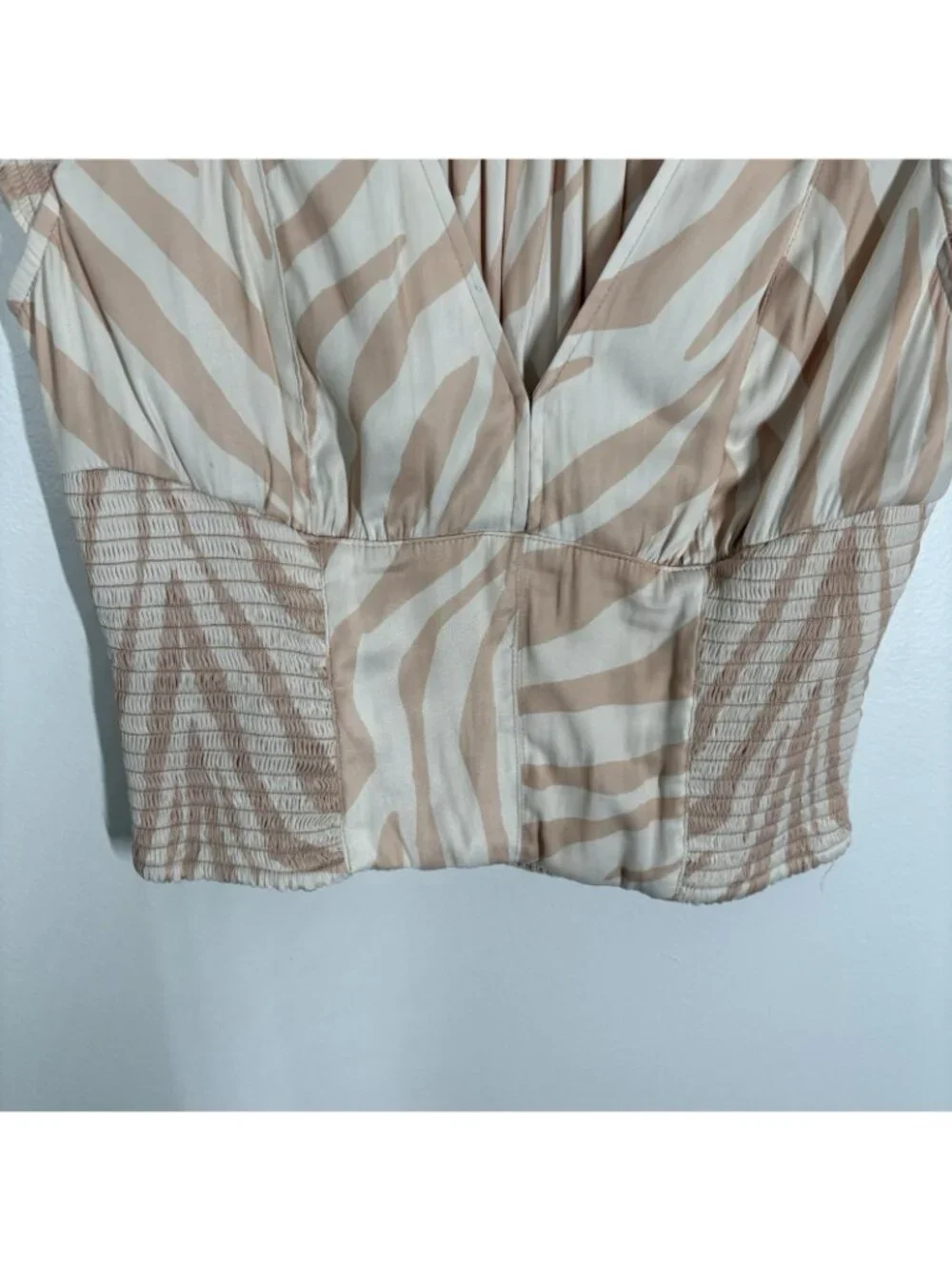 Free People Women S Peach Cream Zebra Print Satin Smocked Show Me Love Top